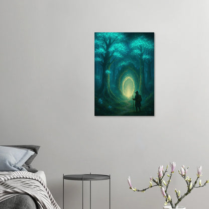 Mystisk Skog Portal Poster - Förtrollande Konsttryck med Lysande Träd & Äventyrare