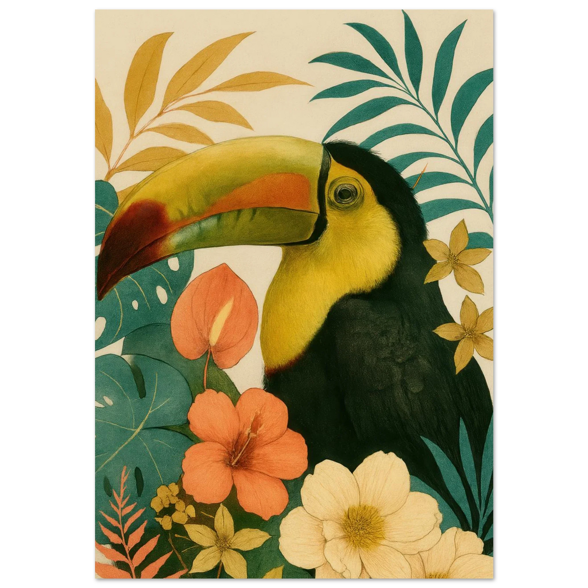 Tropisk Toucan Konsttryck - Djärva Djur & Blommor i Varma Toner