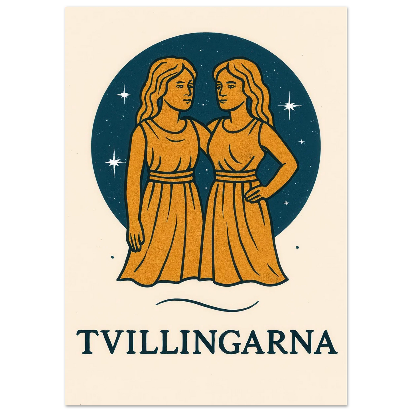 Tvillingarna Zodiac Konsttryck – Gulblå Retro Astrologisk Design Affisch