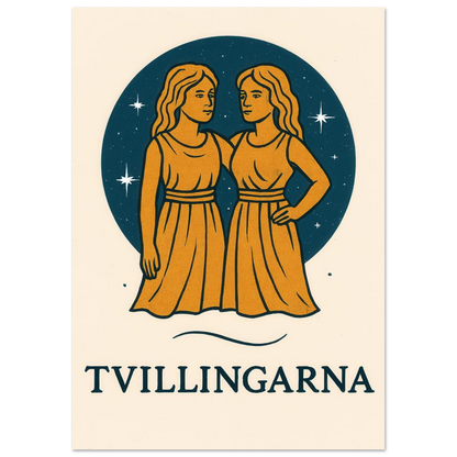 Tvillingarna Zodiac Konsttryck – Gulblå Retro Astrologisk Design Affisch