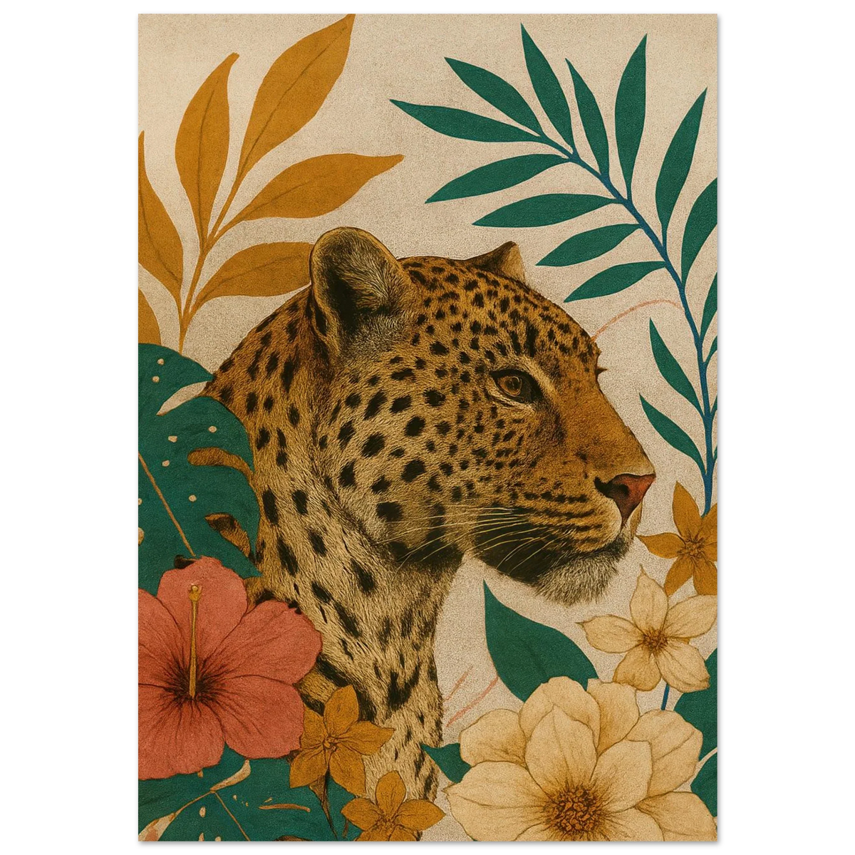 Djur: Exotisk Leopard-konsttryck i varma toner och botaniska inslag – Välj din storlek