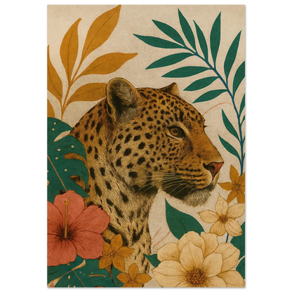 Djur: Exotisk Leopard-konsttryck i varma toner och botaniska inslag – Välj din storlek