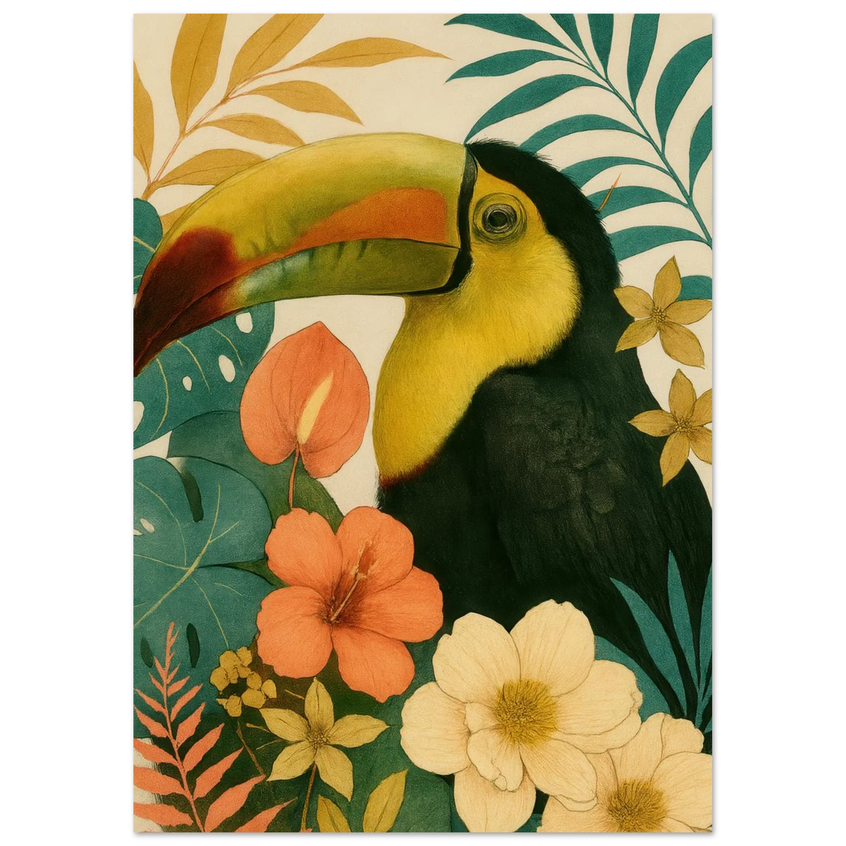 Tropisk Toucan Konsttryck - Djärva Djur & Blommor i Varma Toner