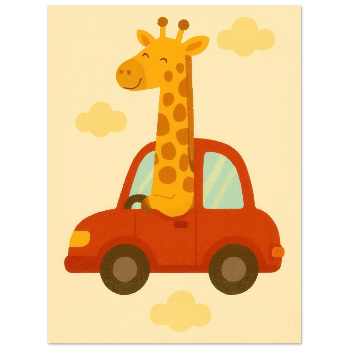 Giraff på Bil – Charmig Barnrumsaffisch