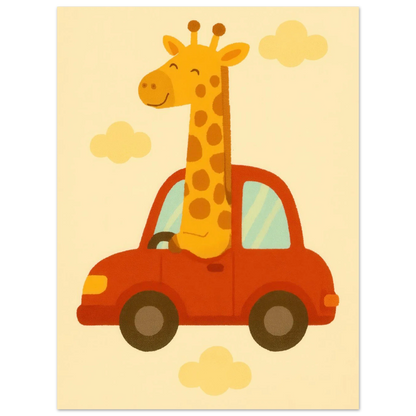 Giraff på Bil – Charmig Barnrumsaffisch