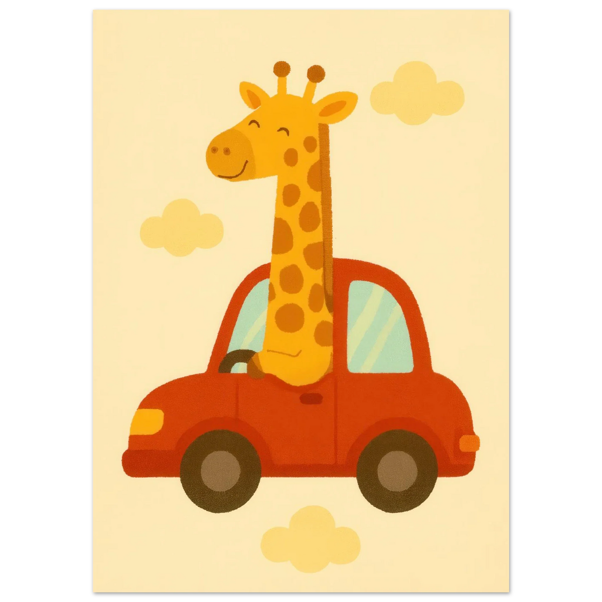 Giraff på Bil – Charmig Barnrumsaffisch