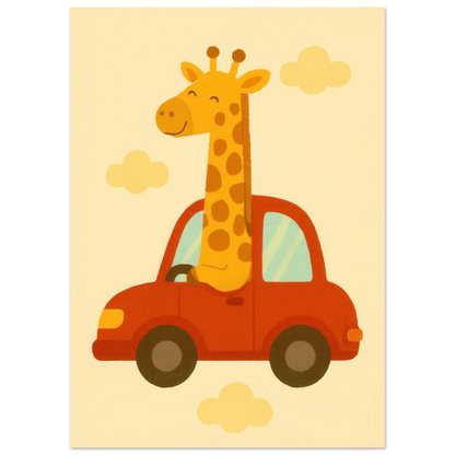 Giraff på Bil – Charmig Barnrumsaffisch
