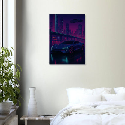 Futuristic Cyberpunk Stad Night Drive Konsttryck – Neonbelyst Bil Affisch i Valfri Storlek