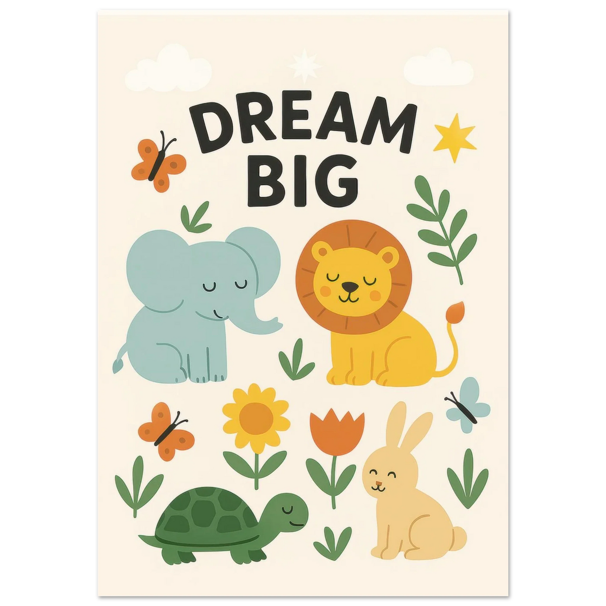 Dream Big Nursery Art Print - Whimsical Safari Animals & Uplifting Quote for Kids' Room Decor