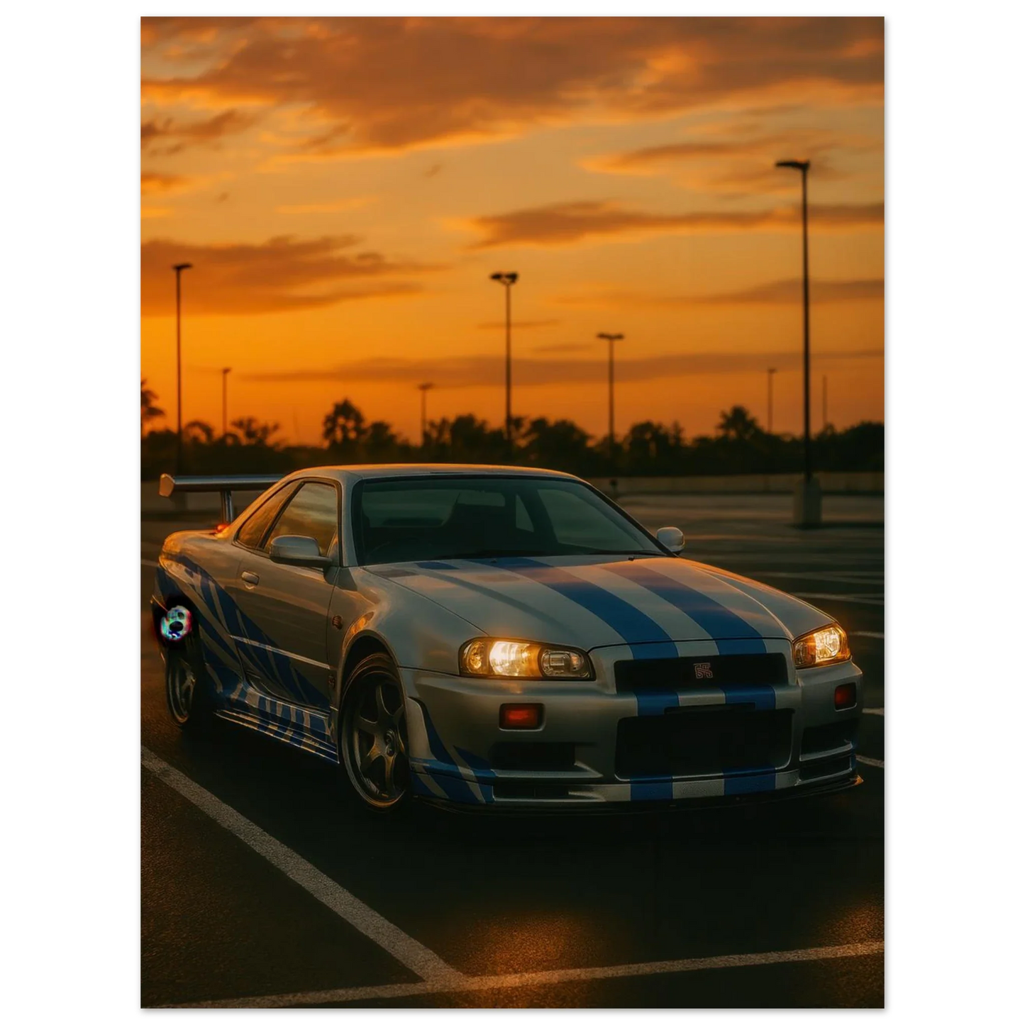 Iconic Skyline GTR Sportbil Konstaffisch – Fånga Fartens Själ i Solnedgången