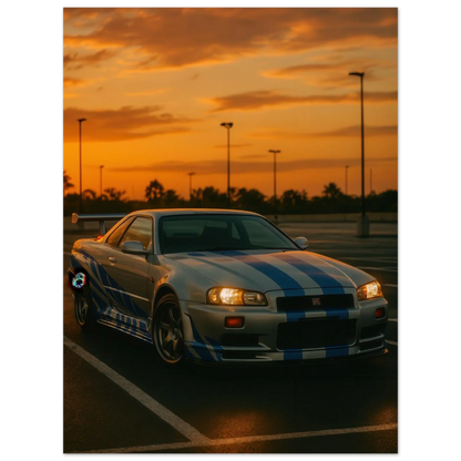 Iconic Skyline GTR Sportbil Konstaffisch – Fånga Fartens Själ i Solnedgången