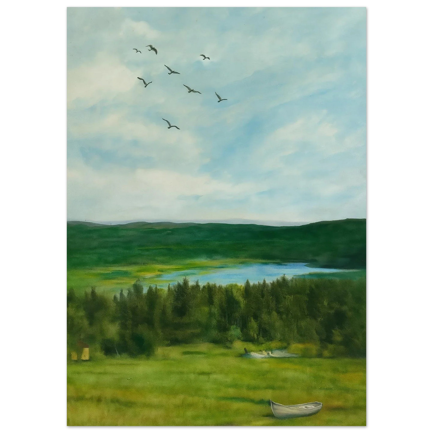 Nordic Serenity: Lake, Forest & Birds Premium Art Print – Choose Your Perfect Size