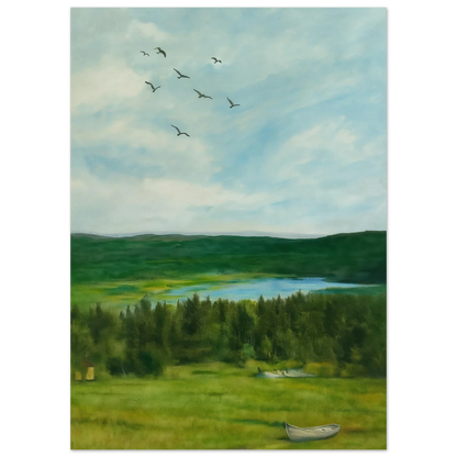 Nordic Serenity: Lake, Forest & Birds Premium Art Print – Choose Your Perfect Size