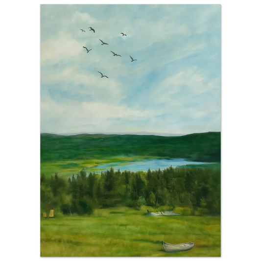 Nordic Serenity: Lake, Forest & Birds Premium Art Print – Choose Your Perfect Size