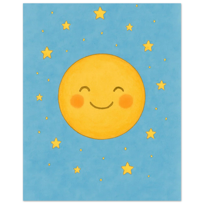 Dreamy Sky Moon & Stars Print | Whimsical Nursery Art | Soft Blue & Yellow Giclee Poster