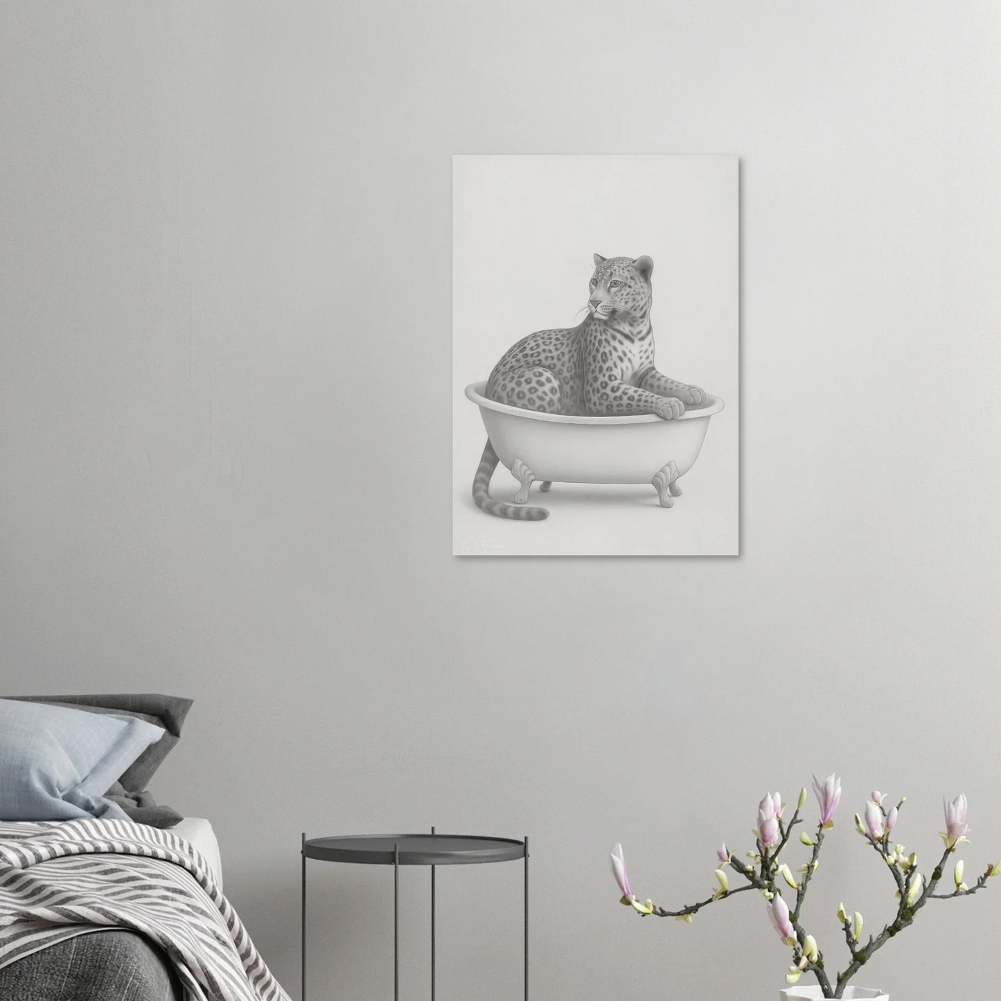 Sophisticated Leopard in Bathtub Art Print – Elegant Monochromatic Wall Decor in Various Sizes