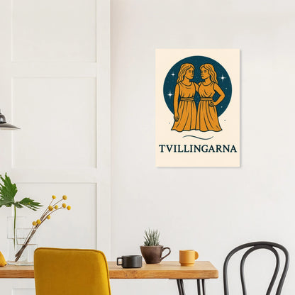 Tvillingarna Zodiac Konsttryck – Gulblå Retro Astrologisk Design Affisch
