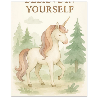 Magical Unicorn 'Believe in Yourself' Art Print – Whimsical Nursery & Kids Room Decor