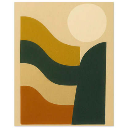 Abstrakt / Minimalistisk Solnedgång Poster – Moderna Vågor i Ockra, Skogsgrönt & Terrakotta, i Flera Storlekar