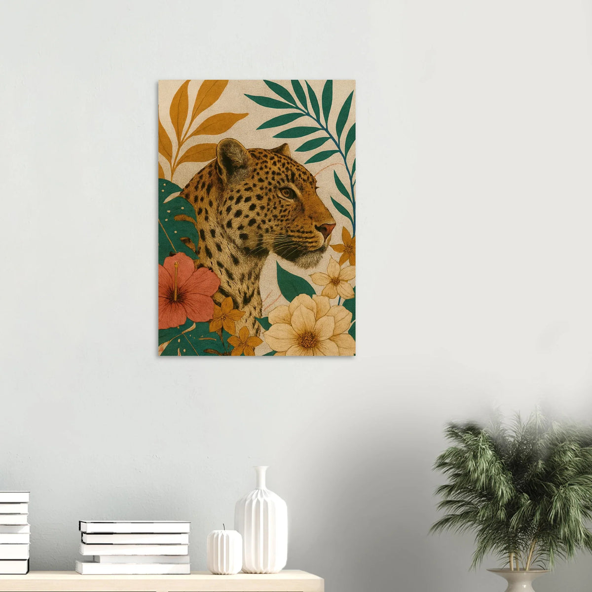 Djur: Exotisk Leopard-konsttryck i varma toner och botaniska inslag – Välj din storlek