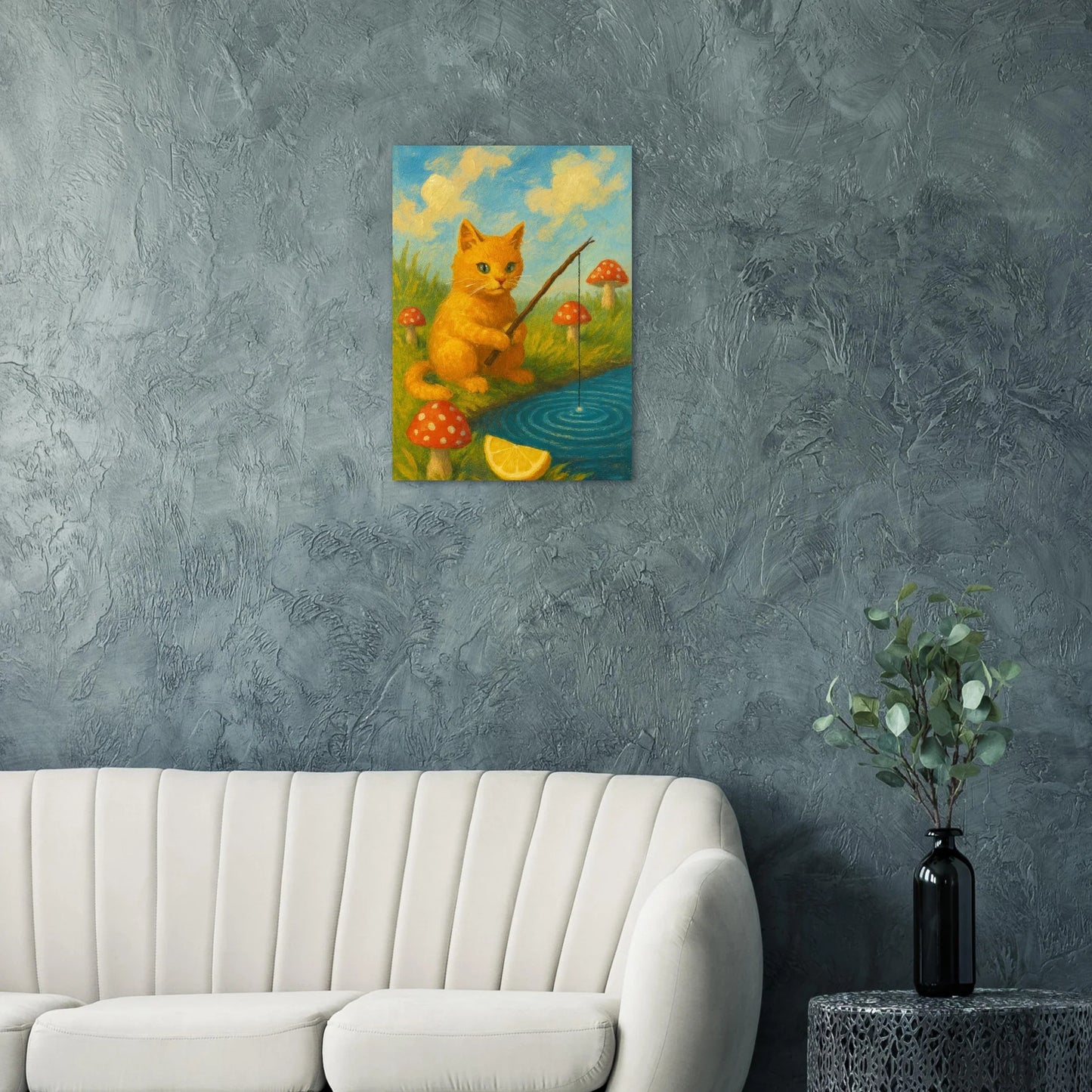 Kattfiske Poster – Elegant Konstverk med Katt som Fiskar i Damm