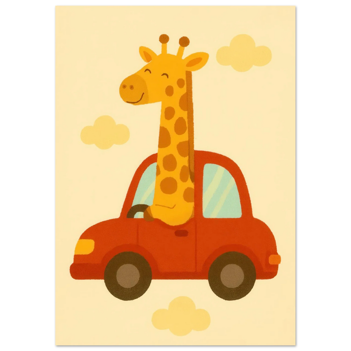 Giraff på Bil – Charmig Barnrumsaffisch