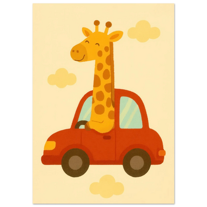 Giraff på Bil – Charmig Barnrumsaffisch