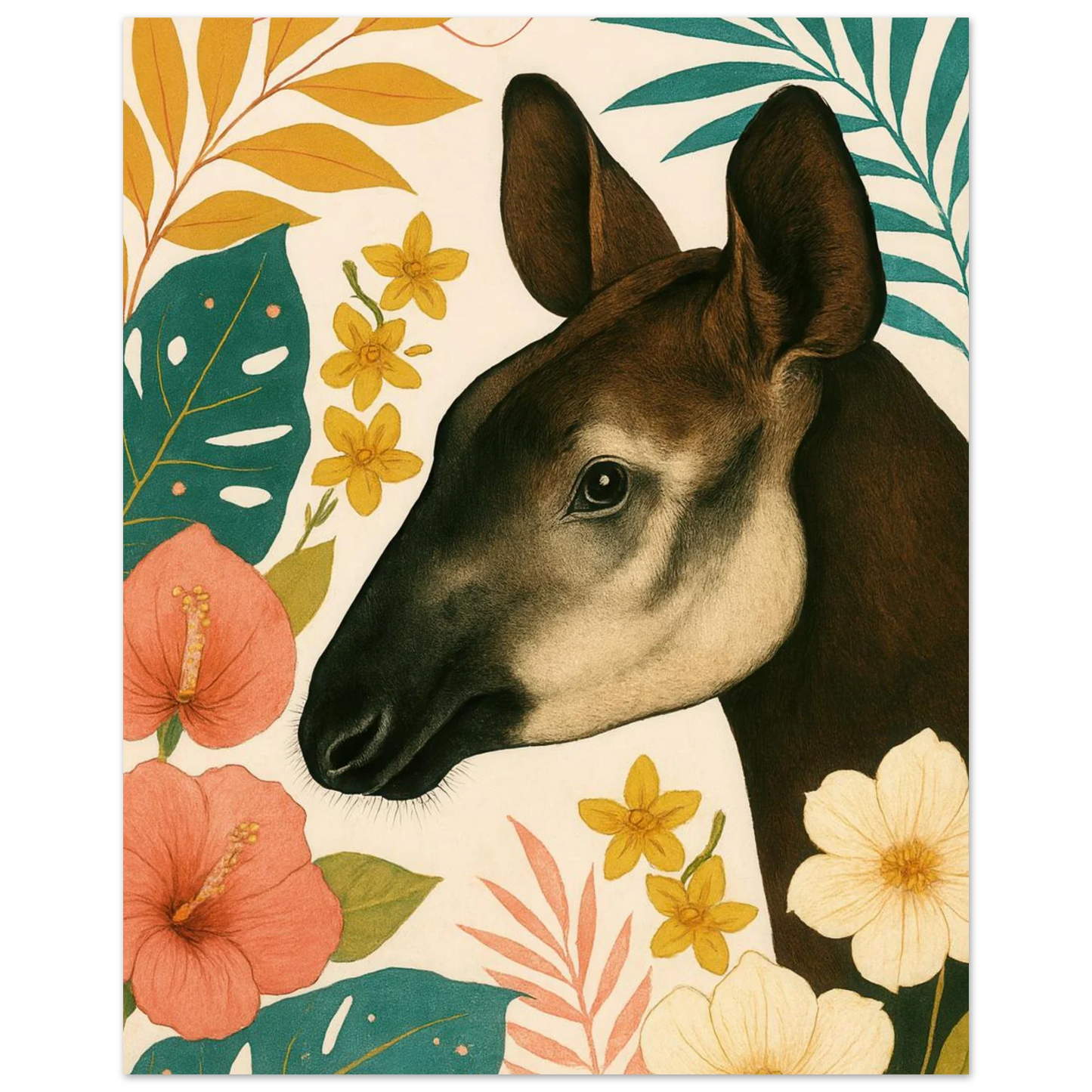 Djur: Okapi i Tropisk Flora Konsttryck - Halvblank Premium Affisch i Flera Storlekar