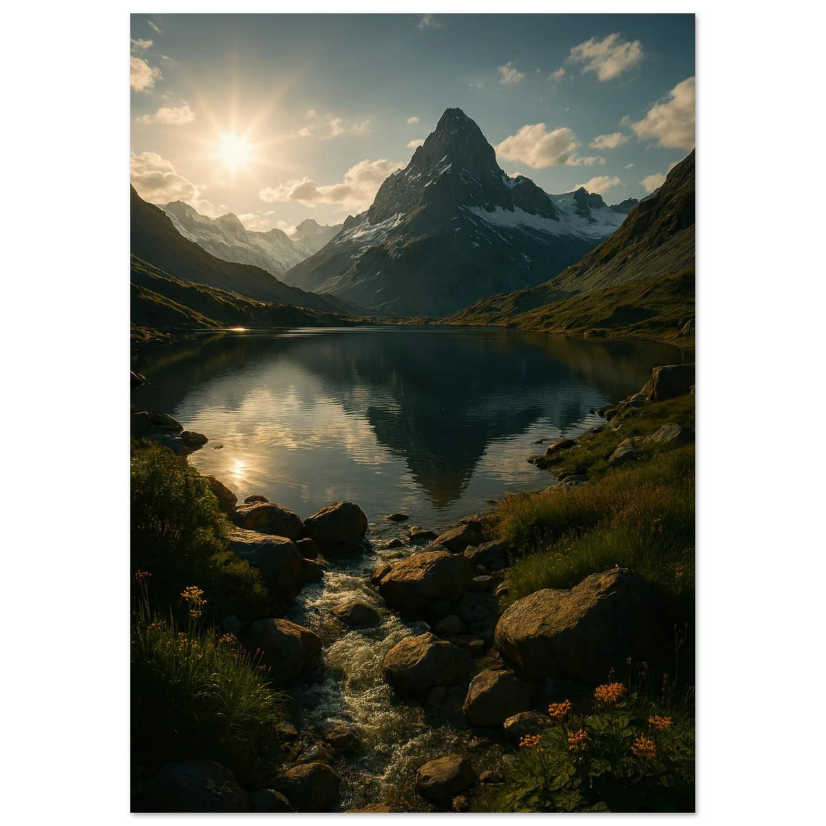 Alps Sunset Majesty: Serene Mountain Lake & Golden Light Poster in Various Sizes