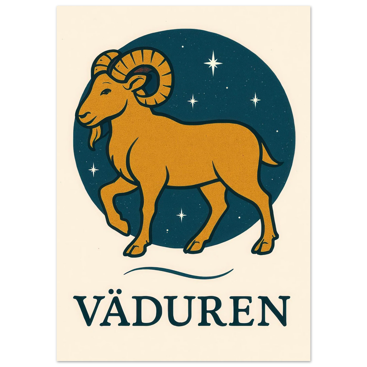 Väduren Stjärntecken Konsttryck – Guldbock i Retrodesign – Zodiac Väggkonst i Olika Storlekar