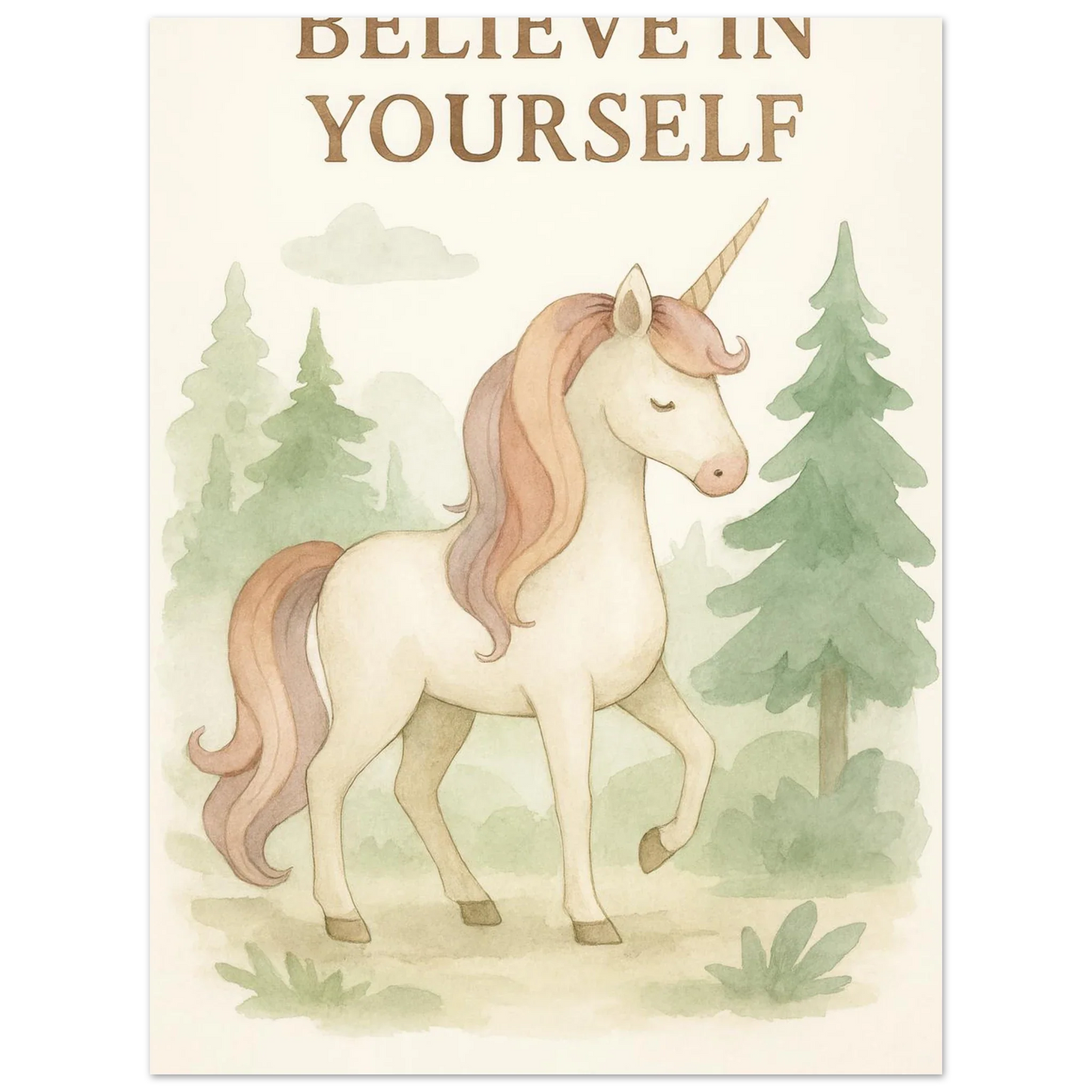 Magical Unicorn 'Believe in Yourself' Art Print – Whimsical Nursery & Kids Room Decor
