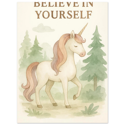 Magical Unicorn 'Believe in Yourself' Art Print – Whimsical Nursery & Kids Room Decor