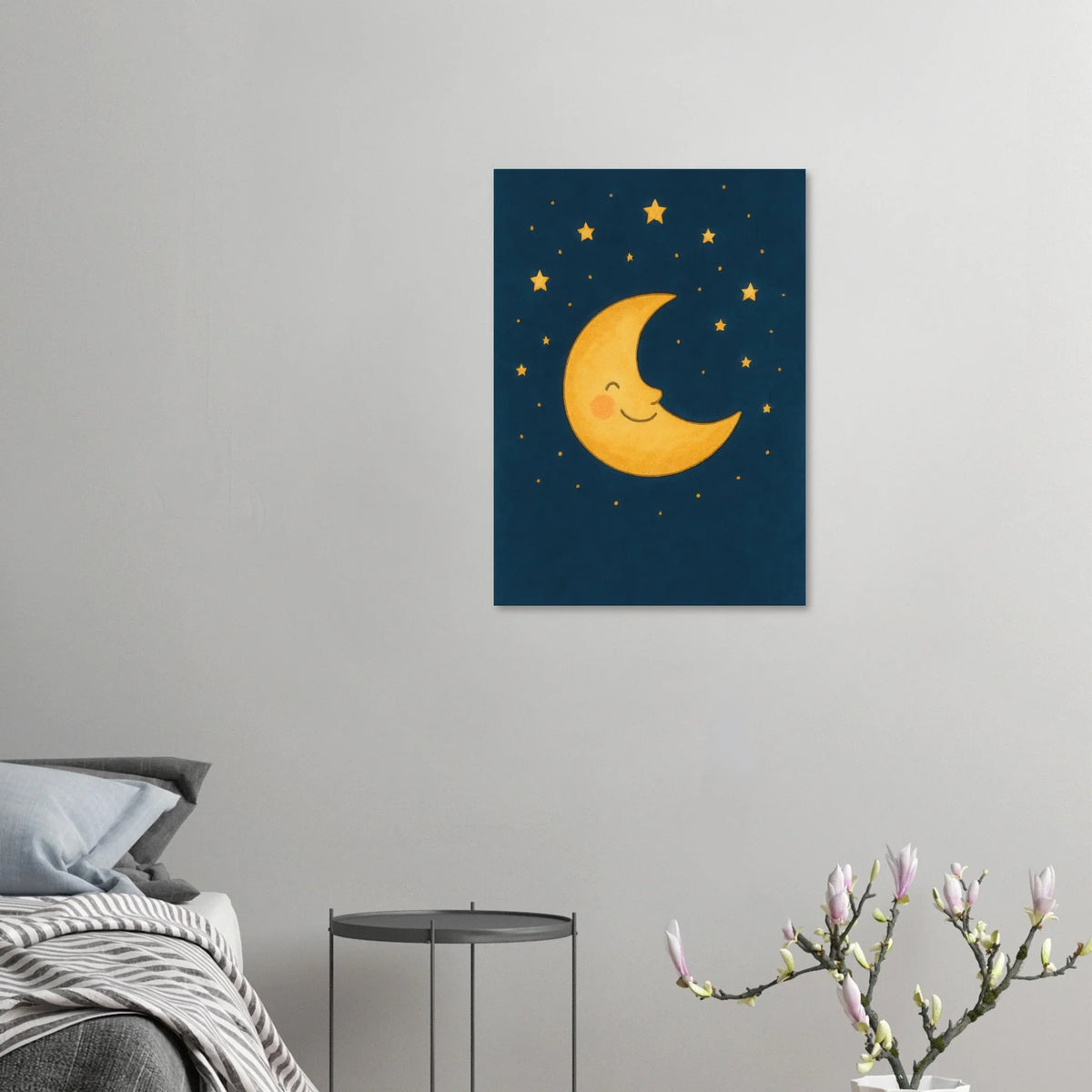 Smiling Crescent Moon & Stars Art Print – Whimsical Nursery & Kids Room Decor