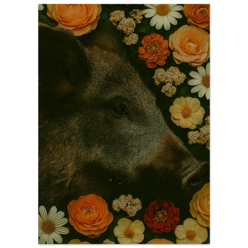 Vildsvin i Blomsteräng Konsttryck – En Djurisk Symfoni av Färger