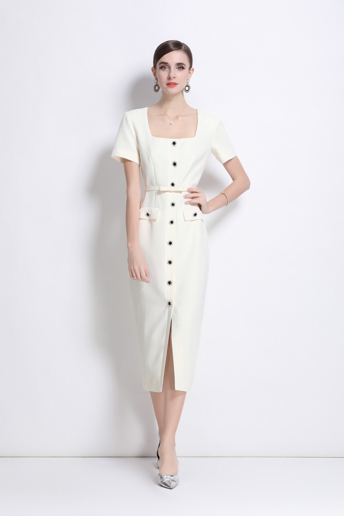 Daisy White Square Neck Short Sleeve Slim Fit Dress-2