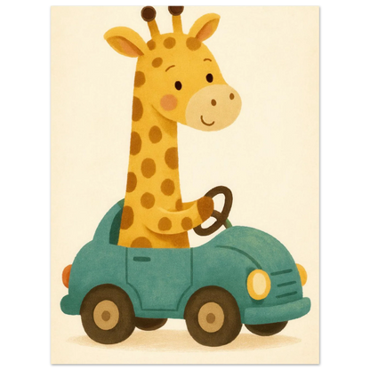 Söt Giraff i Bil – Lekfull Barnrumstavla