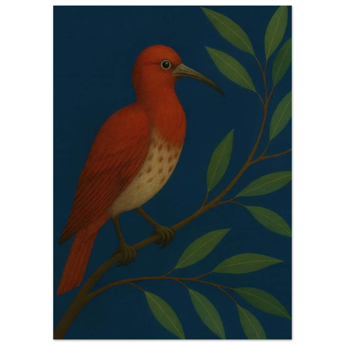 Djur: Vibrant Crimson Bird Art Print on Deep Teal Background, available in multiple sizes