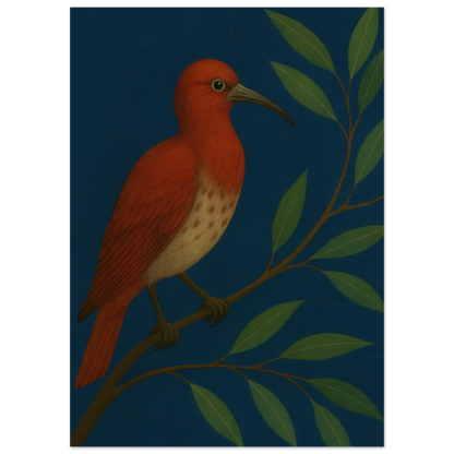 Djur: Vibrant Crimson Bird Art Print on Deep Teal Background, available in multiple sizes
