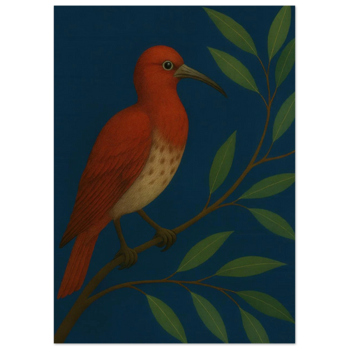 Djur: Vibrant Crimson Bird Art Print on Deep Teal Background, available in multiple sizes