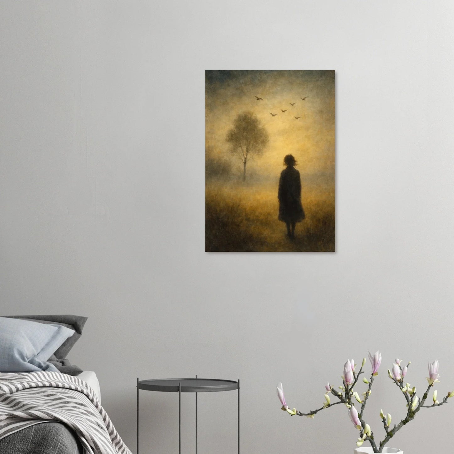 Mystical Dawn Journey Art Print – Ethereal Landscape Poster with Solitary Figure and Birds