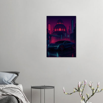 Futuristic Cyberpunk Bil Art Print – Neonstad Nattscen med Elbil