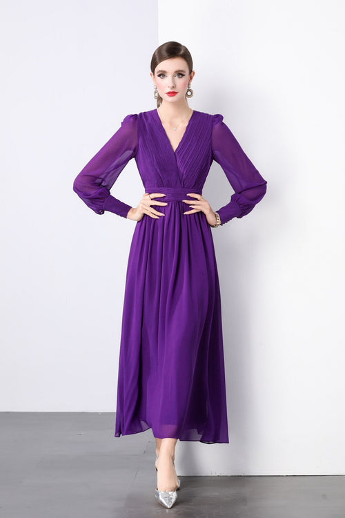 Deep Purple Long Sleeve V Neck Ruched Waist Maxi Dress-0
