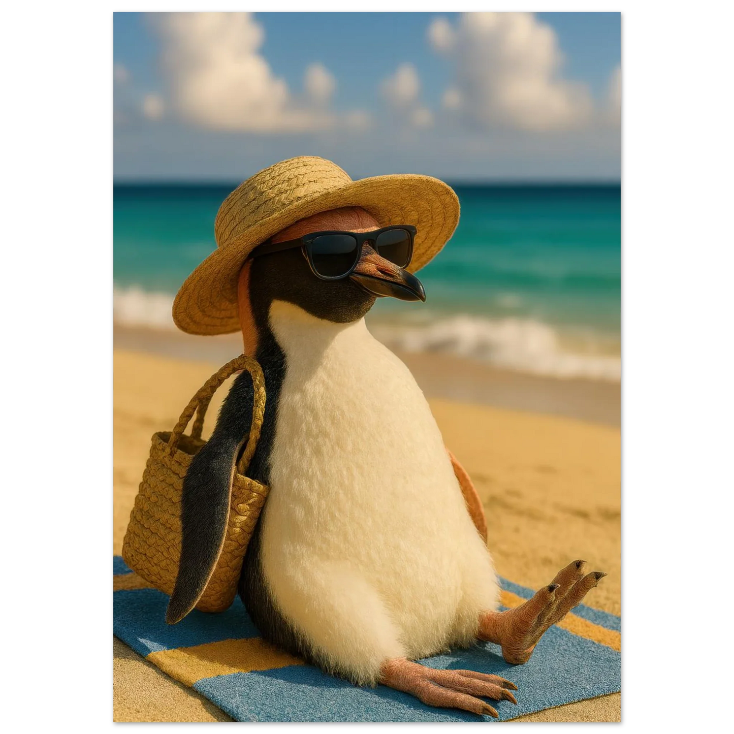 Djur: "Beach Bum Penguin" – Avkopplande Konsttryck för En Touch av Sommarglädje