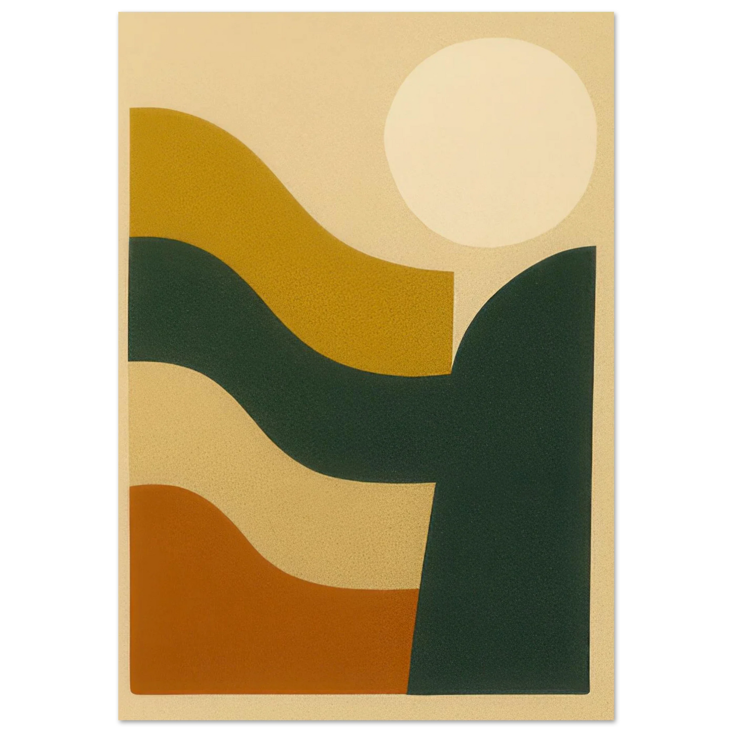 Abstrakt / Minimalistisk Solnedgång Poster – Moderna Vågor i Ockra, Skogsgrönt & Terrakotta, i Flera Storlekar
