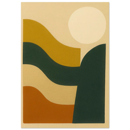 Abstrakt / Minimalistisk Solnedgång Poster – Moderna Vågor i Ockra, Skogsgrönt & Terrakotta, i Flera Storlekar