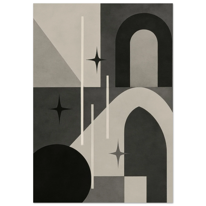 Minimalist Cosmic Abstraction Poster Print - Black, White & Grey Geometric Art
