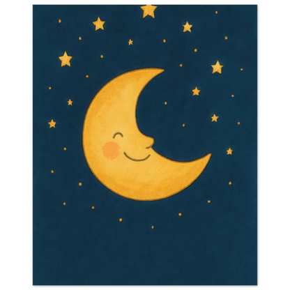 Smiling Crescent Moon & Stars Art Print – Whimsical Nursery & Kids Room Decor