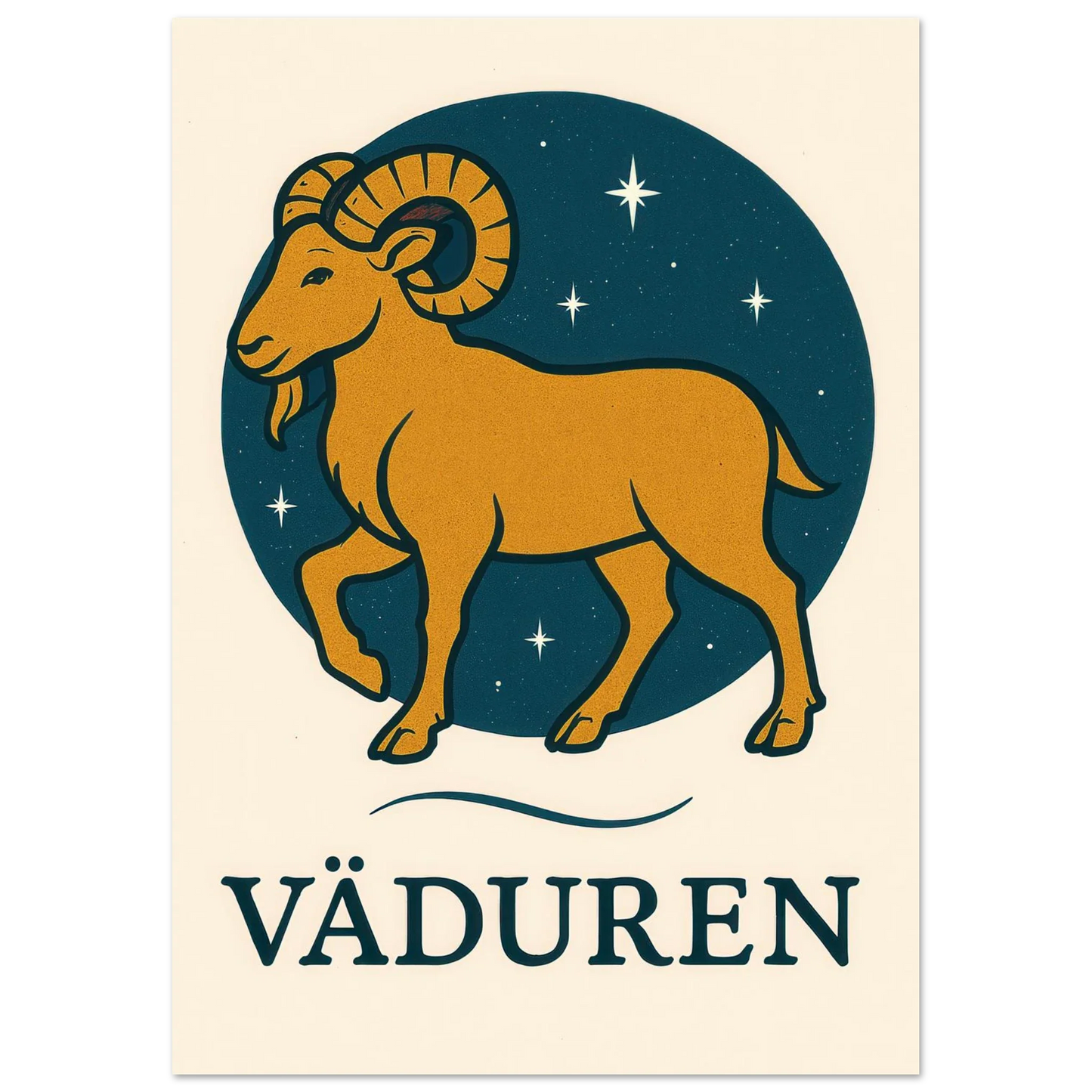Väduren Stjärntecken Konsttryck – Guldbock i Retrodesign – Zodiac Väggkonst i Olika Storlekar