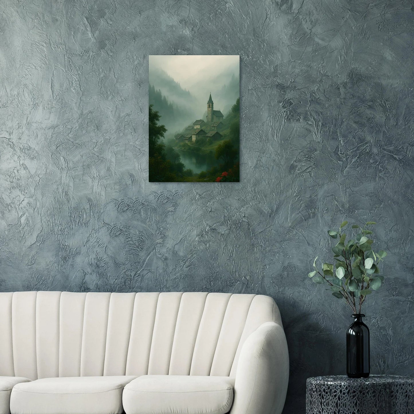 Mystical Alpine Village Foggy Landscape Poster - Evocative Mountain Scenery Art Print in Various Sizes