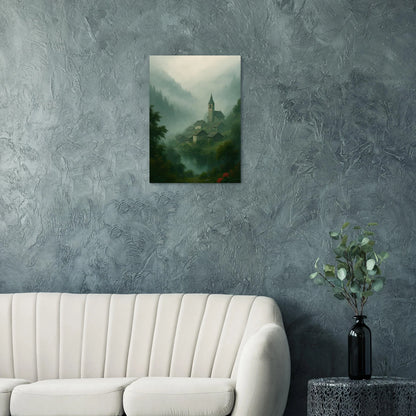 Mystical Alpine Village Foggy Landscape Poster - Evocative Mountain Scenery Art Print in Various Sizes